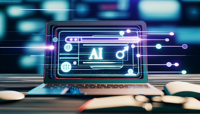 alt_text: Laptop with AI, SEO icons, and graphs shows blog ranking. Futuristic, tech-inspired, magazine style.