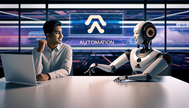 alt_text: A human and AI agent collaborate at a futuristic workstation with the N8N logo, symbolizing automation’s future.