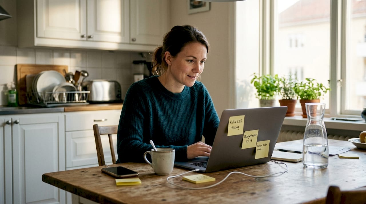En kvinna går igenom och utvärderar digital annonsering vid sitt skrivbord hemma.