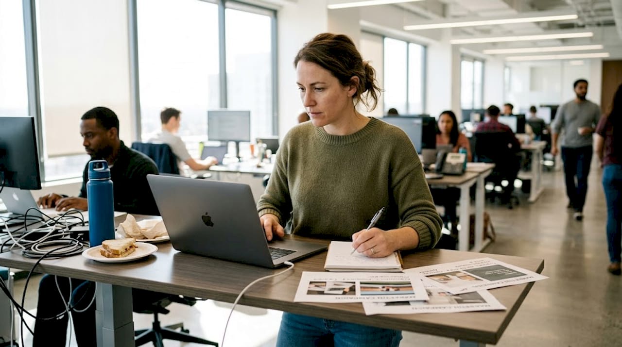 Marknadschefen sitter på kontoret och lägger upp strategin för en digital kampanj.