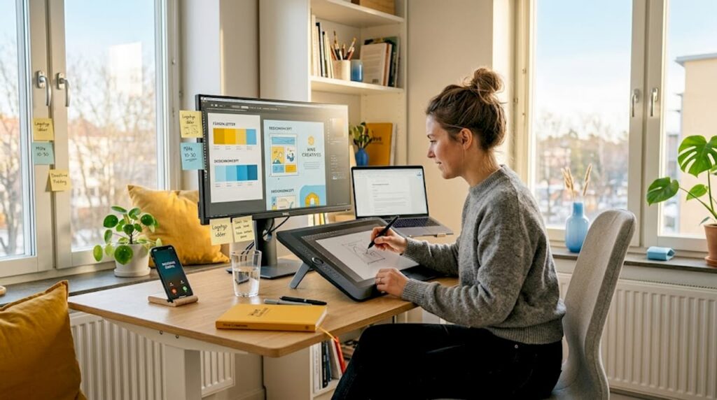 Designer som jobbar hemifrån med att skapa digitala varumärken