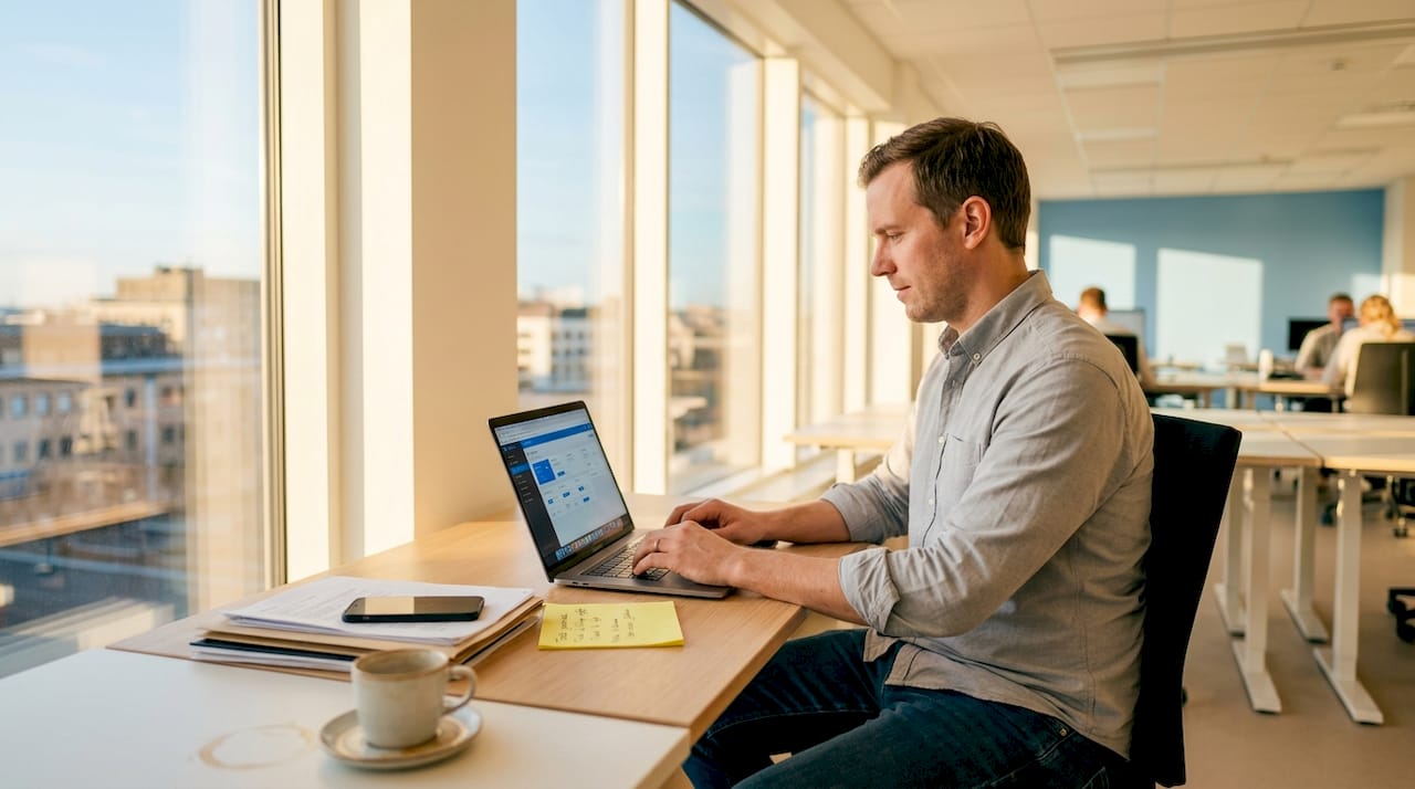 En person provar en webbapplikation på sitt kontor.