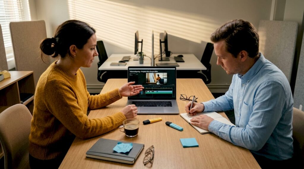 Kollegor sitter på kontoret och pratar om hur man kan använda digitala berättelser i arbetet.