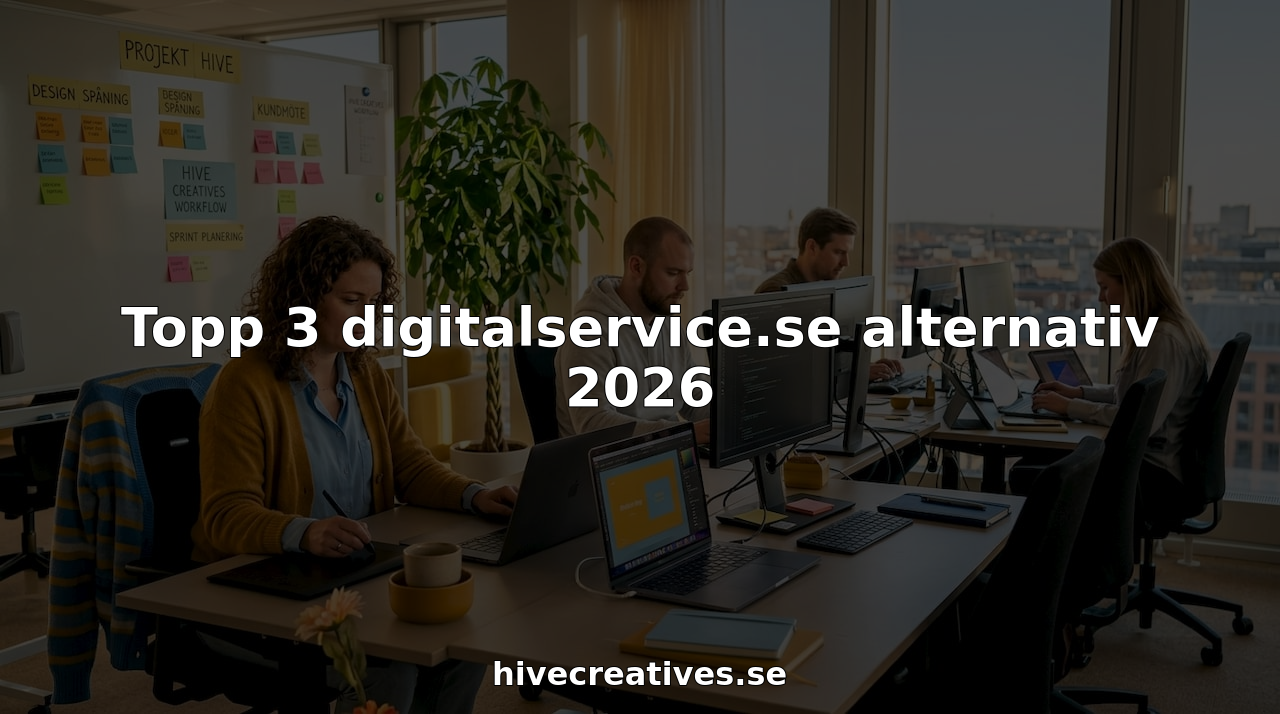 Ett team samarbetar vid sina skrivbord i ett ljust och modernt kontorslandskap på en digitalbyrå.
