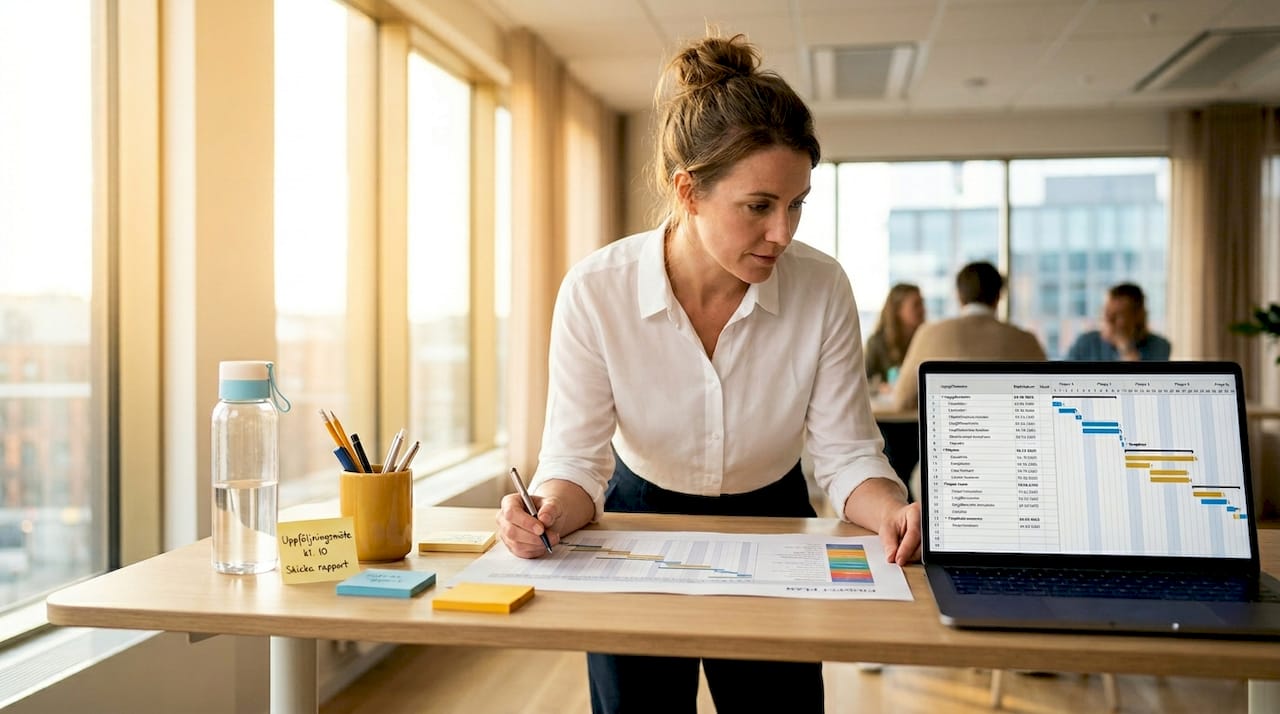 En projektledare sitter vid sitt skrivbord och lägger upp en detaljerad plan för projektet.