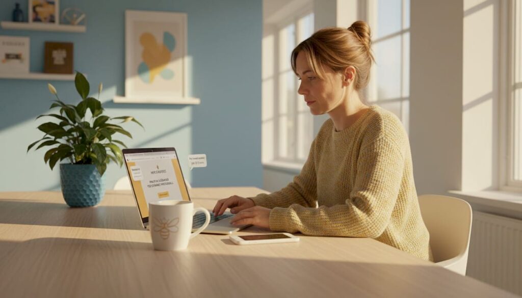 En entreprenör jobbar vid datorn och säljer sina produkter eller tjänster online.