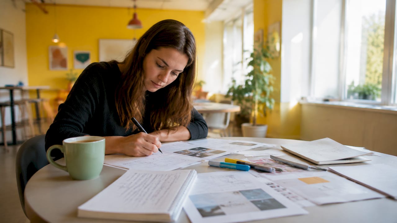 En person går noggrant igenom ett utskrivet dokument med företagets varumärkesstrategi.