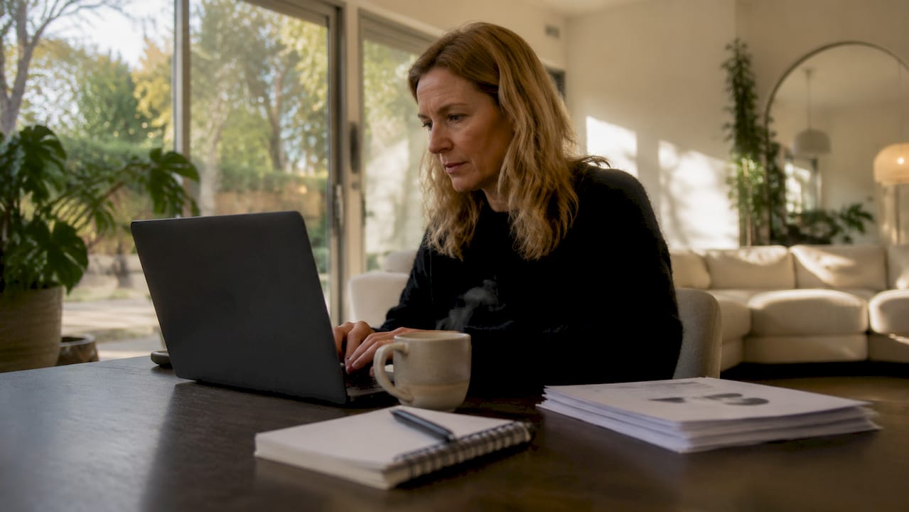 Kvinna arbetar hemifrån och använder AI-baserade SEO-verktyg vid sitt skrivbord.