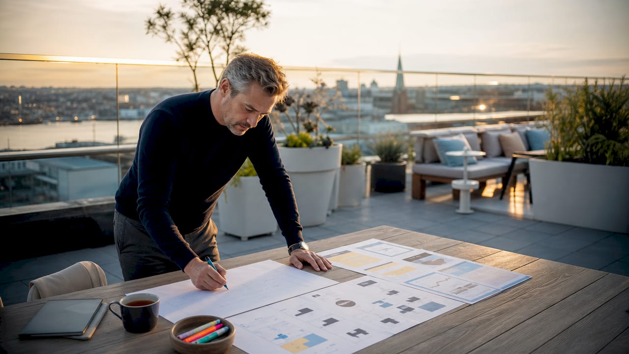 Sitter vid skrivbordet och analyserar rapporten om AI-optimering
