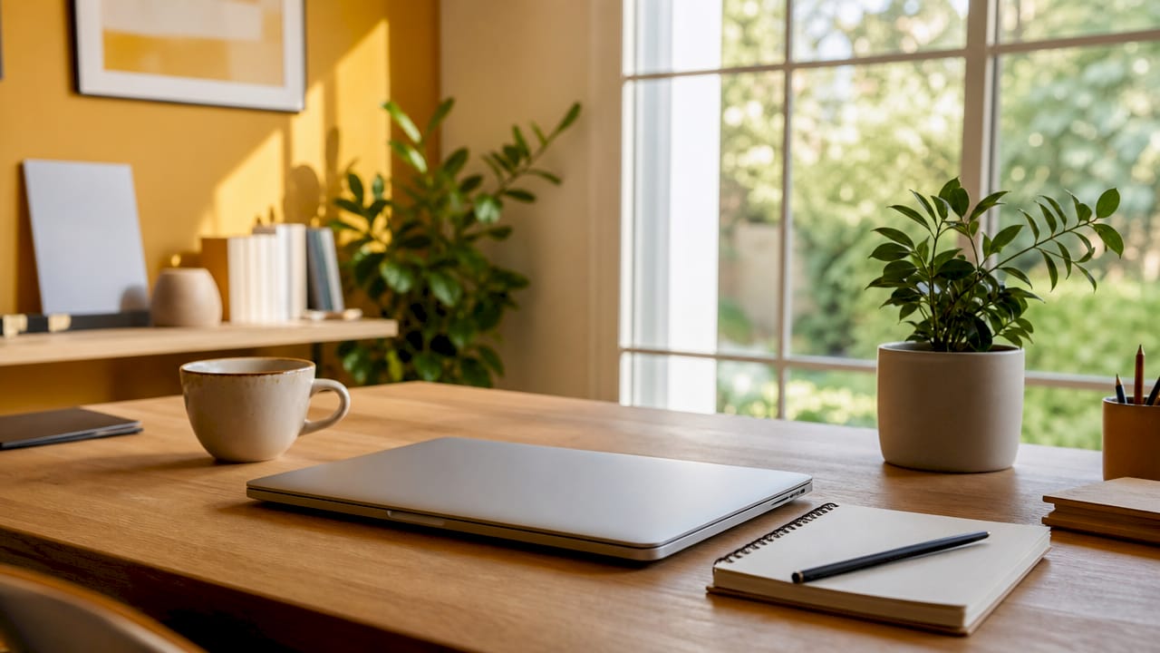 Ett skrivbord med laptop och utskrifter som visar webbplatsens prestanda.