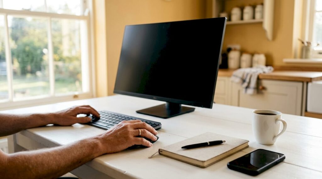 Händer som arbetar med mus och tangentbord vid ett stilrent skrivbord för SEO-arbete