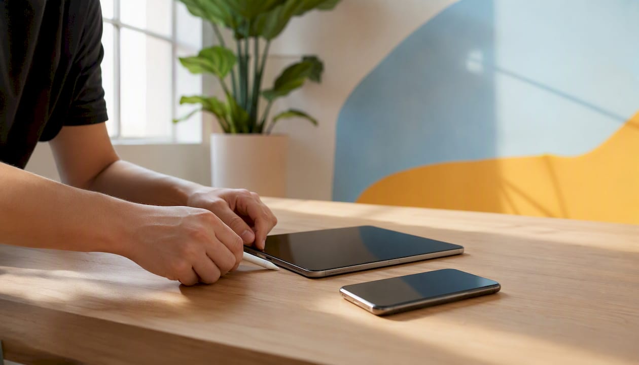 Händer i närheten av en surfplatta och en mobiltelefon