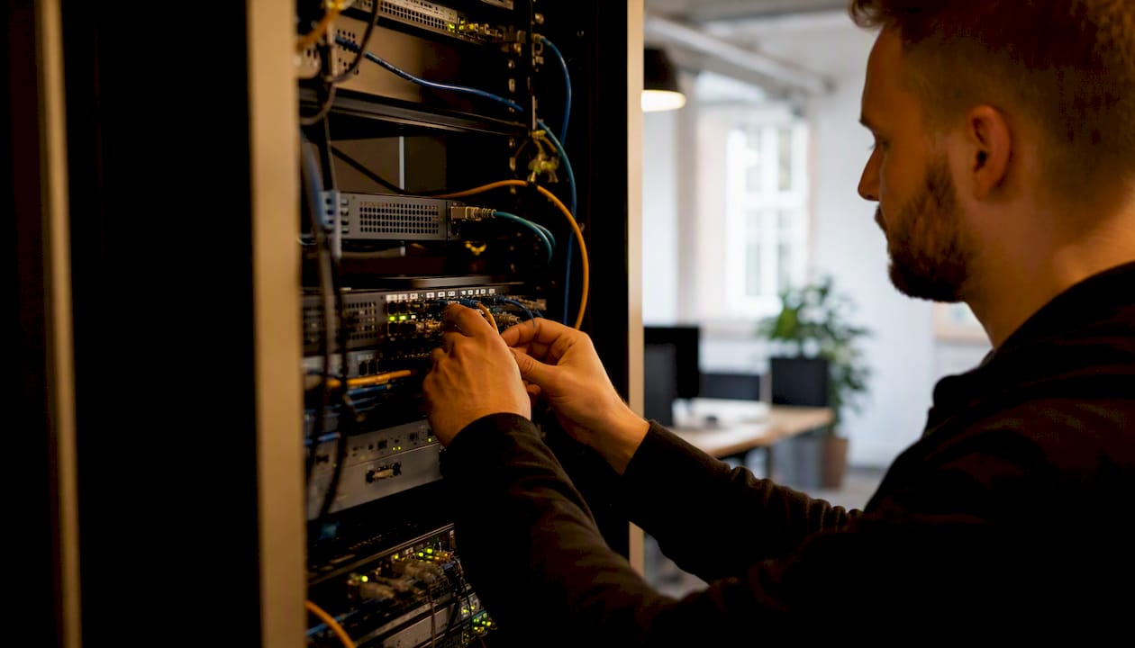 Händer som kopplar in kablar i ett serverrack