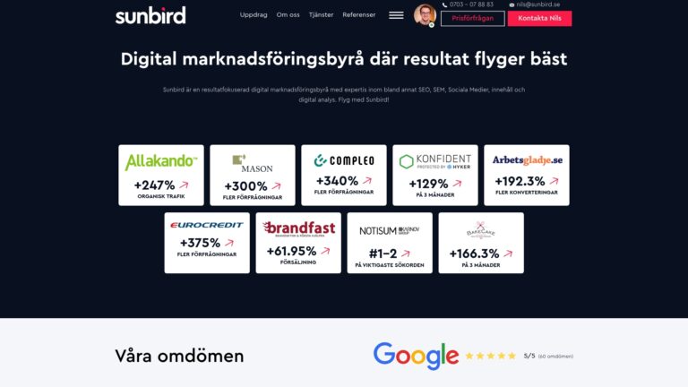 Skärmbild av Sunbirds webbplats